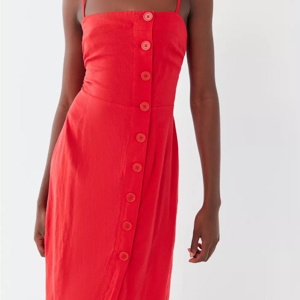 UO Onyx Linen Button-Front Midi Dress Elegant Red Button-Down Dress